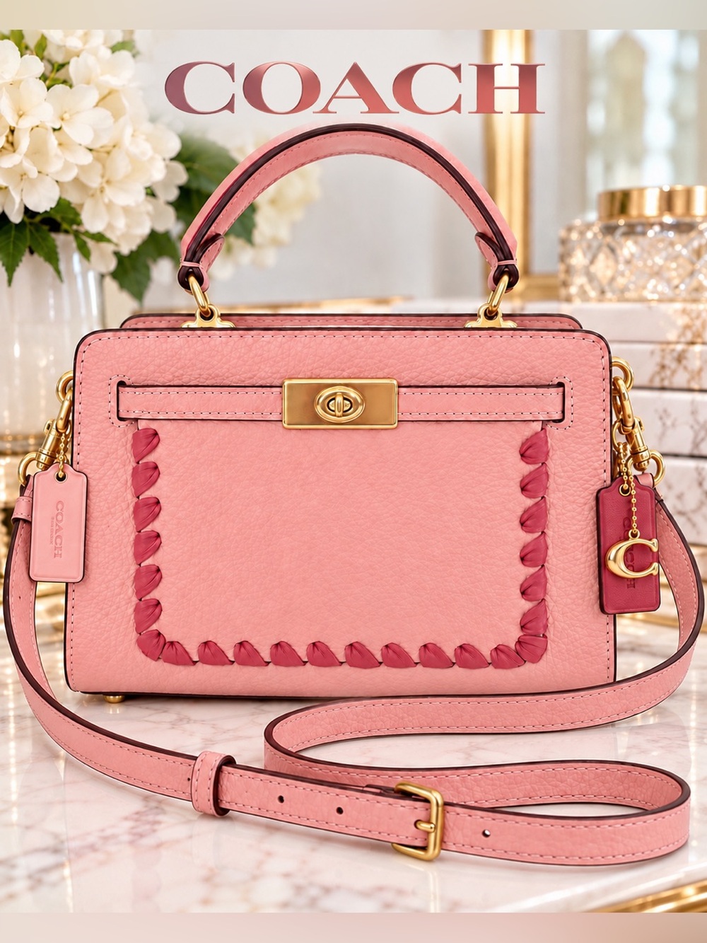 Coach CA077 Mini Lane Top Handle Whipstitch Pink Multicolor Leather Satchel